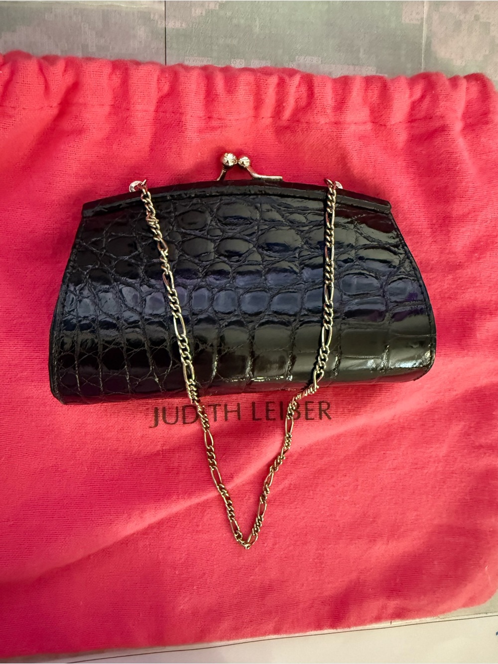 Judith Leiber Micro Black Croc-Embossed Chain Clutch